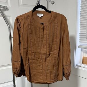 Evereve Brown Pleated Button-Up Top